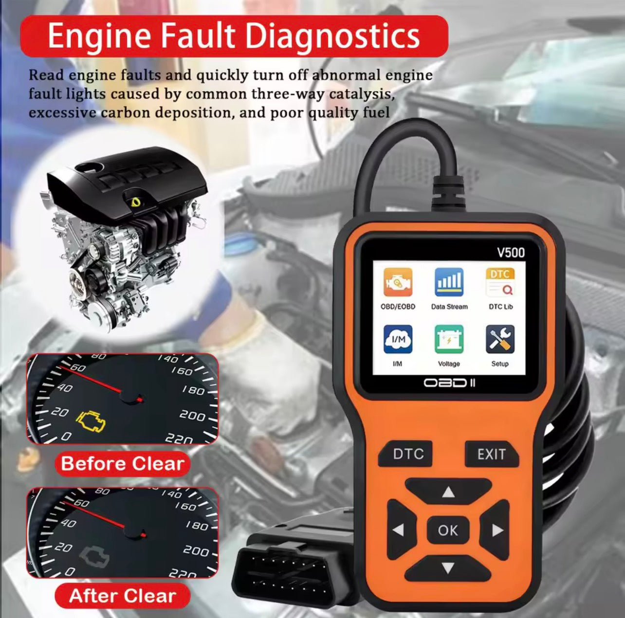 V500 Smart OBD2 Car Diagnostic Scanner & Voltage Analyzer