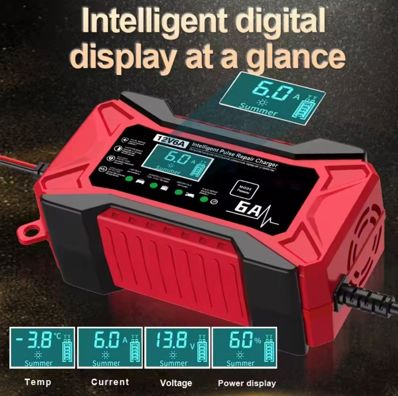 12V 6A Smart Car Battery Charger and Maintainer – Intelligent Fast Charging with LCD Display & Repair Function