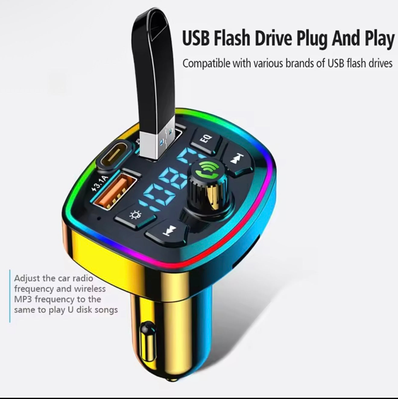 Car Cigarette Lighter PD, Fast Charging 3.1A, Bluetooth Receiver Lossless Mp3, USB Converter with Display