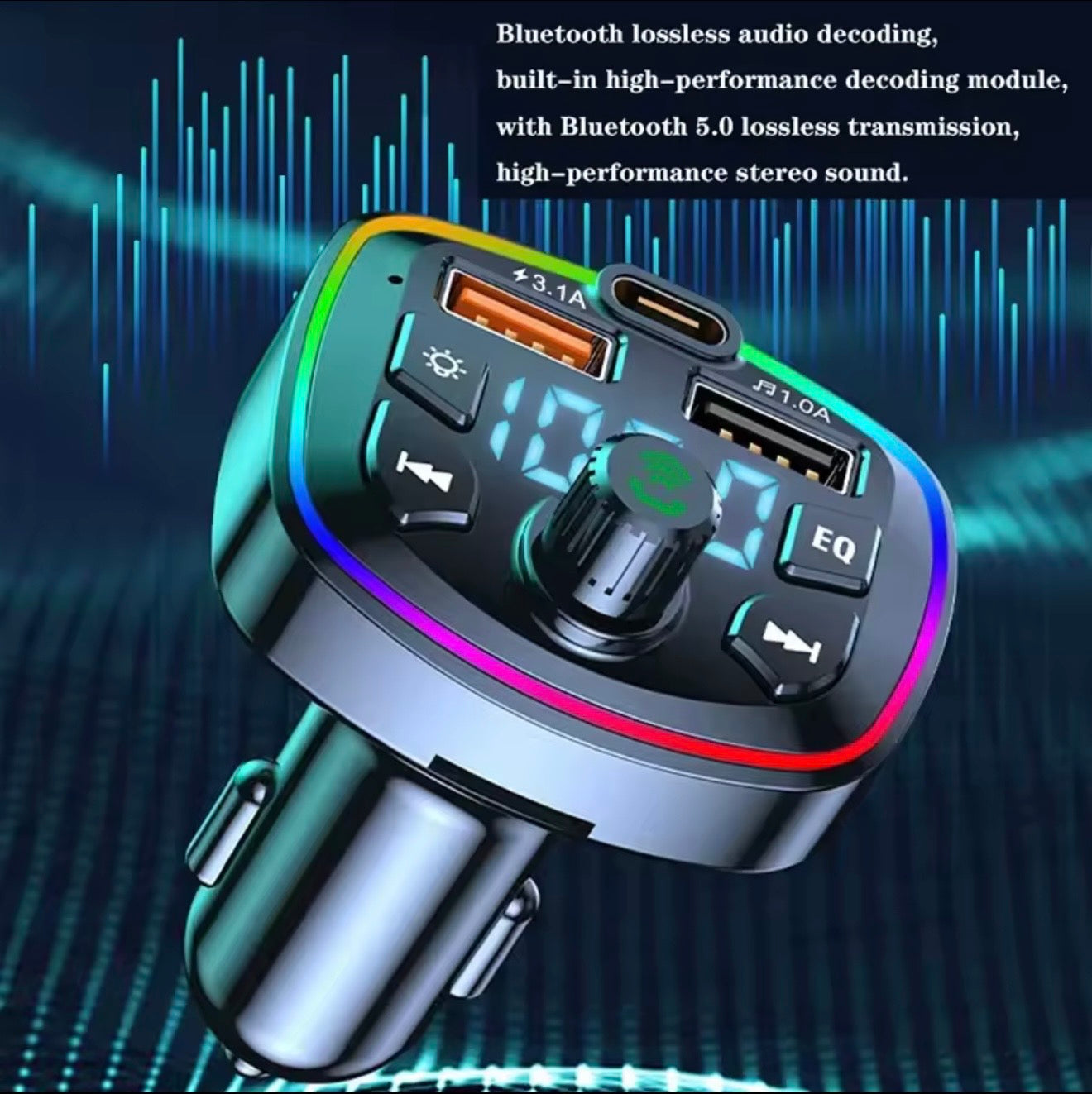 Car Cigarette Lighter PD, Fast Charging 3.1A, Bluetooth Receiver Lossless Mp3, USB Converter with Display