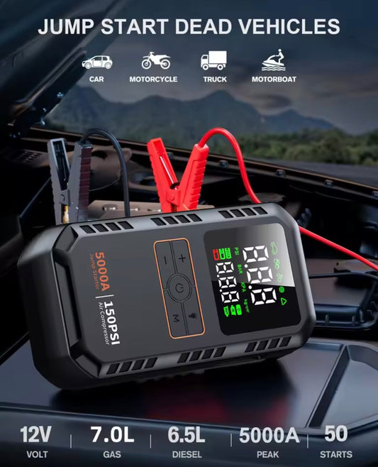 5000A Jump Starter Battery Booster 150Psi Air Pump Multi-function