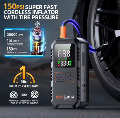5000A Jump Starter Battery Booster 150Psi Air Pump Multi-function