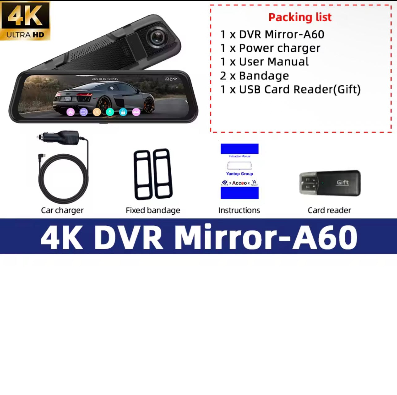 4k Smart Mirror Dash Camera for cars/trucks night vision included and rear view camera