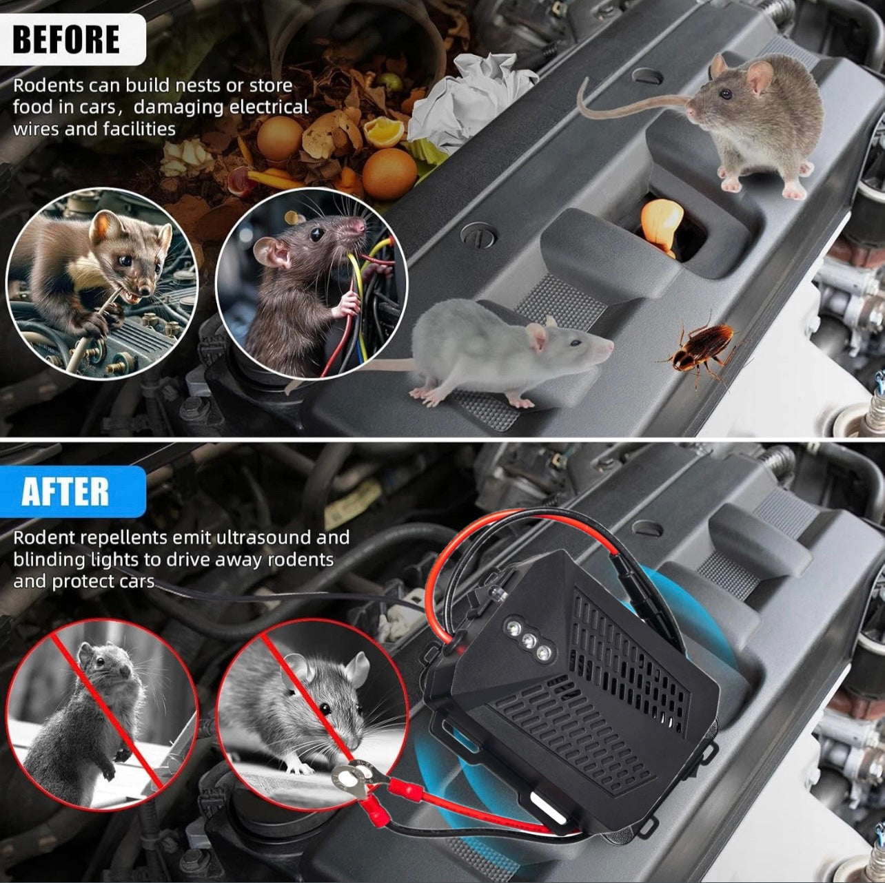 12V Car Ultrasonic Rat & Rodent Repellent — Marten, Mouse, and Pest Control Device for Vehicles