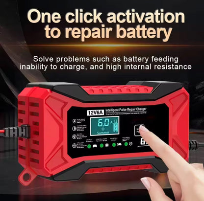 12V 6A Smart Car Battery Charger and Maintainer – Intelligent Fast Charging with LCD Display & Repair Function