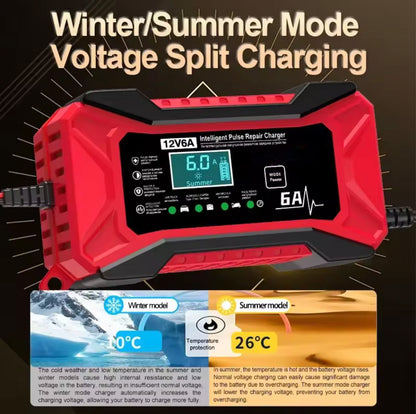 12V 6A Smart Car Battery Charger and Maintainer – Intelligent Fast Charging with LCD Display & Repair Function